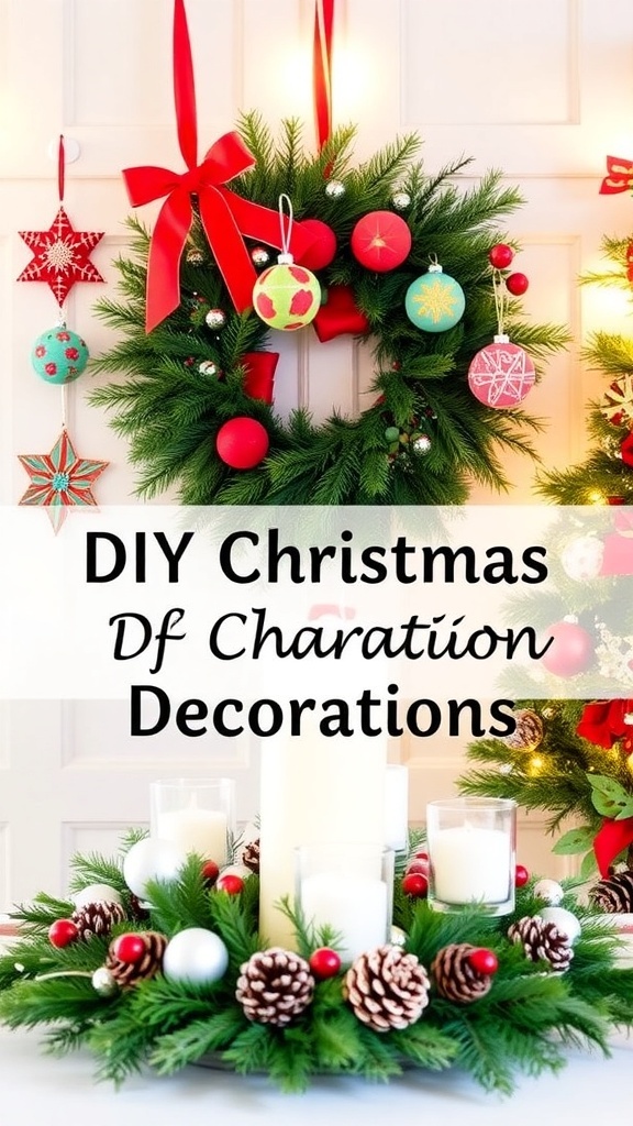 A collection of DIY Christmas decorations including ornaments, a wreath, and a festive table centerpiece.
